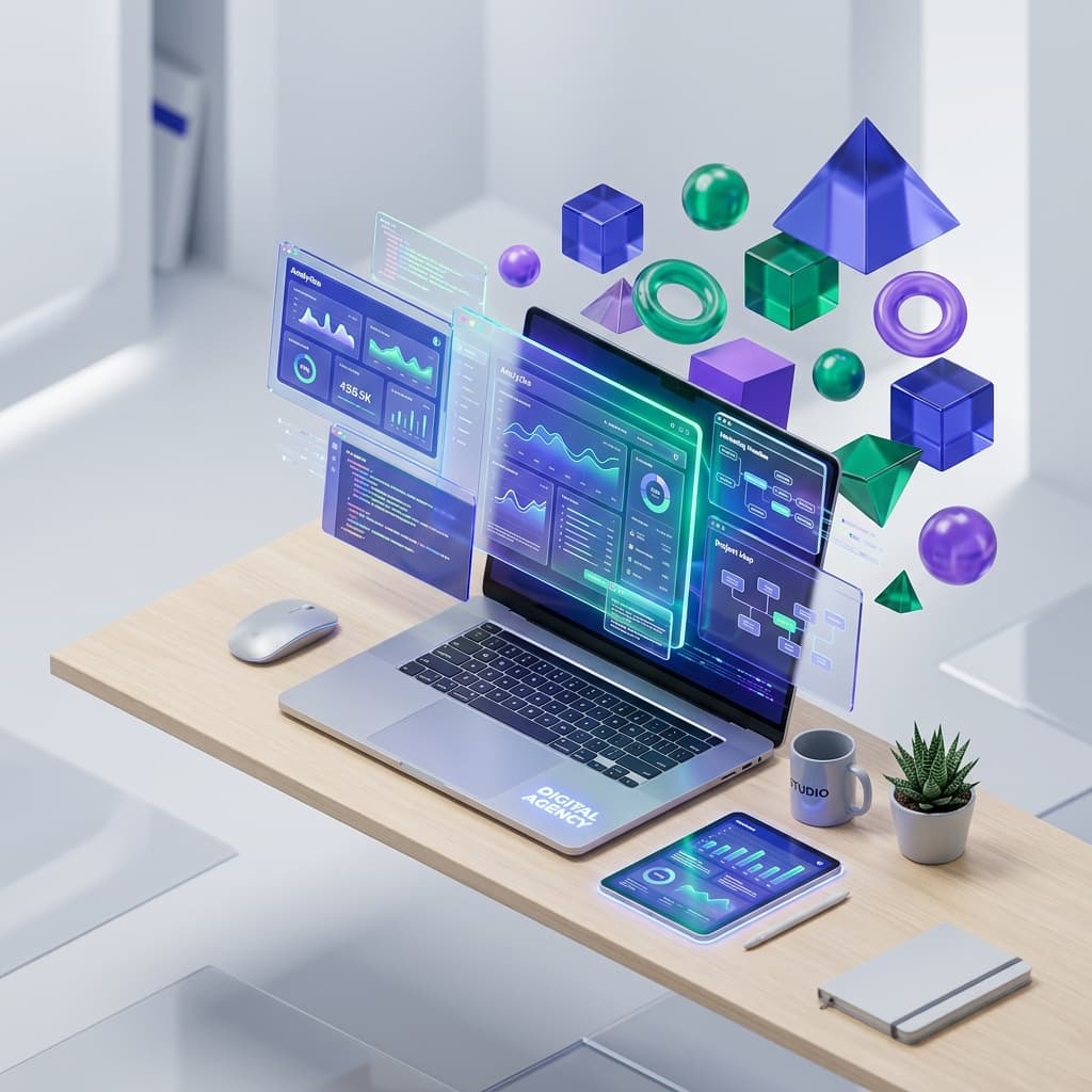 Digital agency workspace with holographic UI screens, analytics dashboards, and modern technology